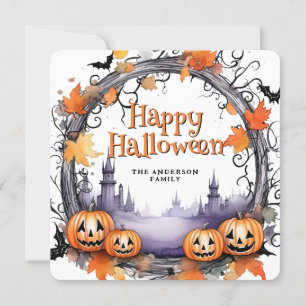 Pumpkins Bats Watercolor Happy Halloween Card