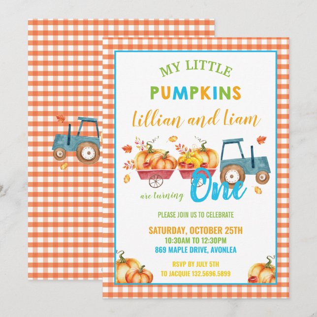 Pumpkins Birthday Party Harvest Truck Twins  Invitation (Front/Back)