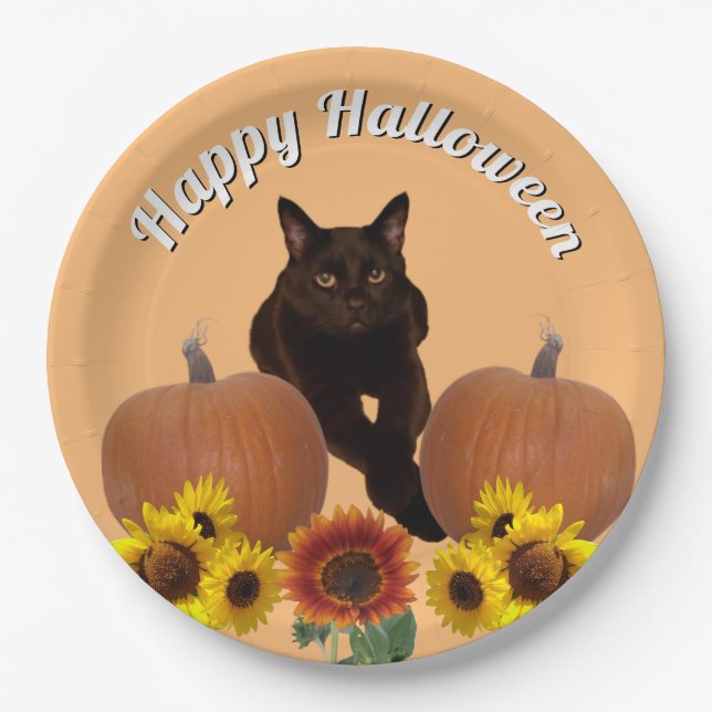 Pumpkins Black Cat with Crossed Paws Halloween Paper Plate (Front)