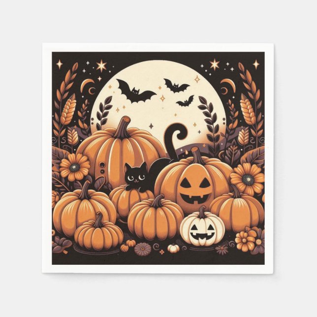 Pumpkins, Black Cats, Bats and a Full Moon Napkin (Front)
