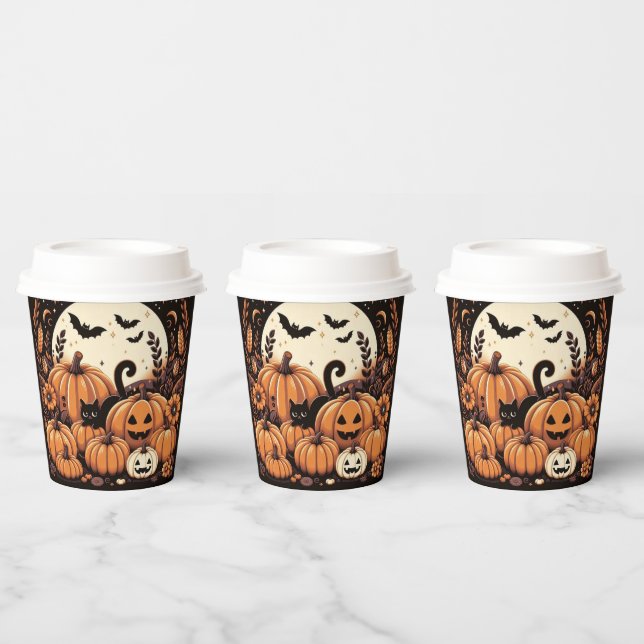 Pumpkins, Black Cats, Bats and a Full Moon Paper Cups (Multi)
