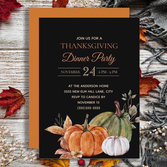 Pumpkins Black Thanksgiving Dinner Party Invitation (Elegant Thanksgiving Dinner invitation with orange and white pumpkins on black)