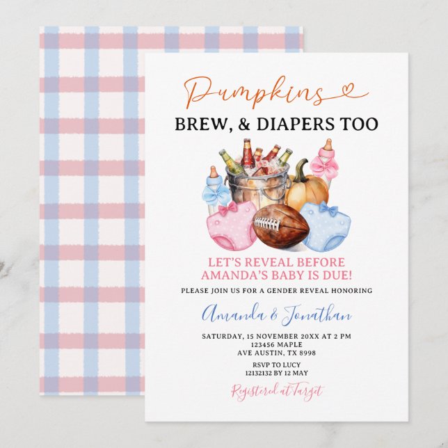 Pumpkins Brew & Diapers Too Gender Reveal Fall Invitation (Front/Back)