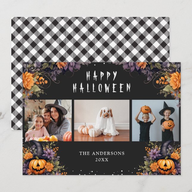 Pumpkins Buffalo Plaid Photo Halloween Cards (Front/Back)