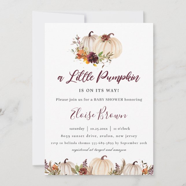 Pumpkins Burgundy Orange Floral Baby Shower  Invitation (Front)