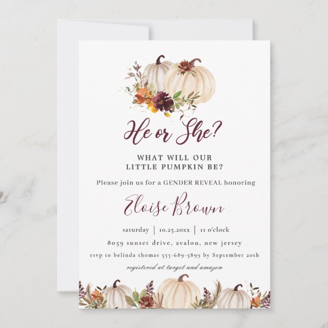 Pumpkins Burgundy Orange Floral Gender Reveal  Invitation (Front)