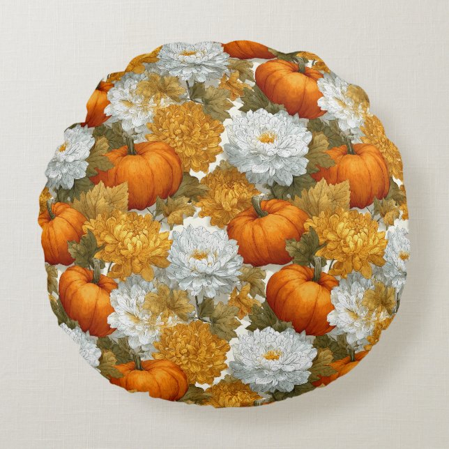 Pumpkins & Chrysanthemums Fall Design Round Cushion (Front)