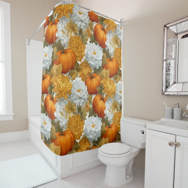Pumpkins & Chrysanthemums Fall Design Shower Curtain (In Situ)