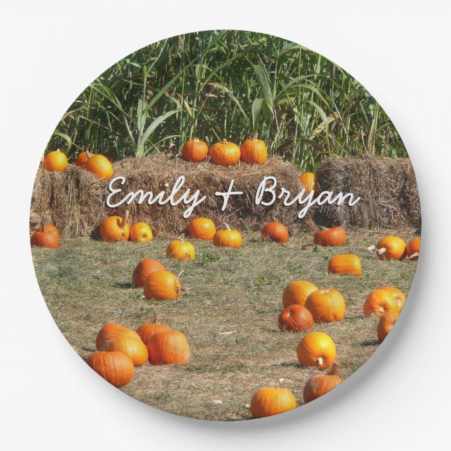 Pumpkins, Corn and Hay Autumn Harvest Photography Paper Plate (Front)