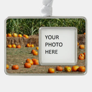 Pumpkins, Corn and Hay Autumn Harvest Photography Silver Plated Framed Ornament
