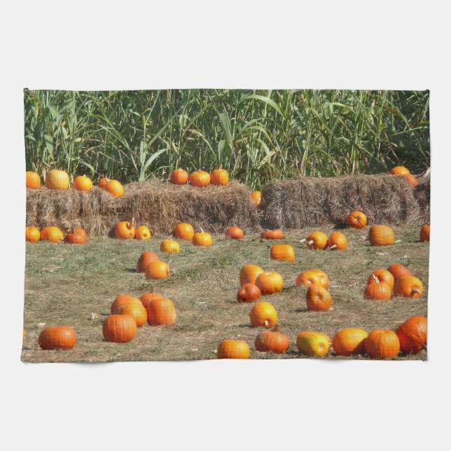 Pumpkins, Corn and Hay Autumn Harvest Photography Tea Towel (Horizontal)
