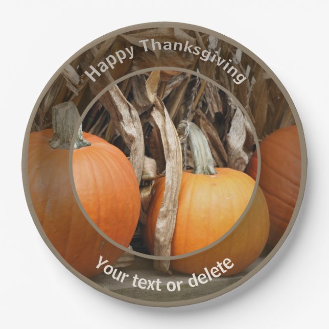 Pumpkins Cornstalks Personalised Fall Thanksgiving Paper Plate (Front)