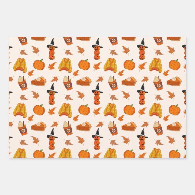 Pumpkins, Cosy Sweaters, and Fall Leaves Design Wrapping Paper Sheet (Front)