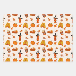Pumpkins, Cozy Sweaters, and Fall Leaves Design Wrapping Paper Sheet