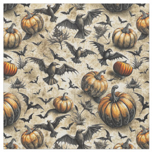 Pumpkins, Crows, and Bats Halloween Pattern (2) Fabric