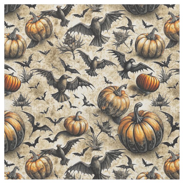 Pumpkins, Crows, and Bats Halloween Pattern (2) Fabric (Close Up)
