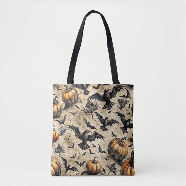Pumpkins, Crows, and Bats Halloween Pattern (2) Tote Bag (Front)