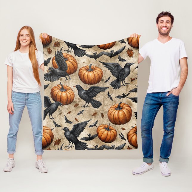 Pumpkins, Crows, and Bats Halloween Pattern Fleece Blanket (In Situ)