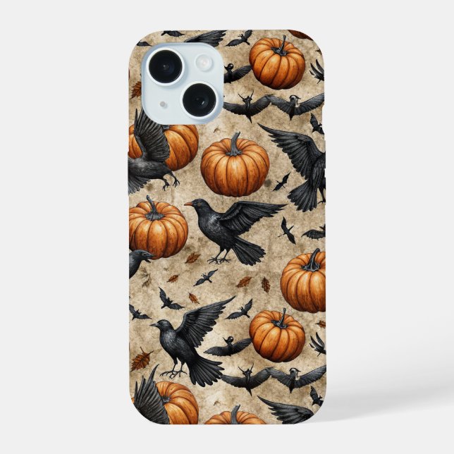 Pumpkins, Crows, and Bats Halloween Pattern iPhone 15 Case (Back)