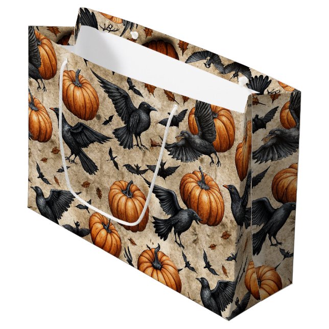 Pumpkins, Crows, and Bats Halloween Pattern Large Gift Bag (Front Angled)