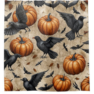 Pumpkins, Crows, and Bats Halloween Pattern Shower Curtain