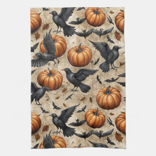 Pumpkins, Crows, and Bats Halloween Pattern Tea Towel