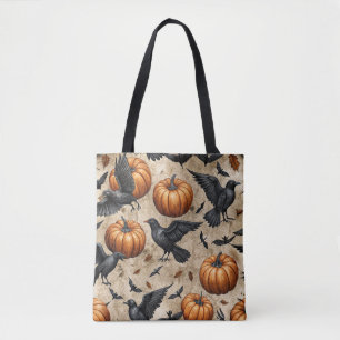 Pumpkins, Crows, and Bats Halloween Pattern Tote Bag