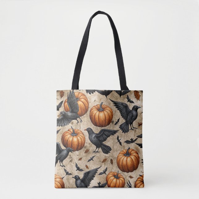 Pumpkins, Crows, and Bats Halloween Pattern Tote Bag (Front)