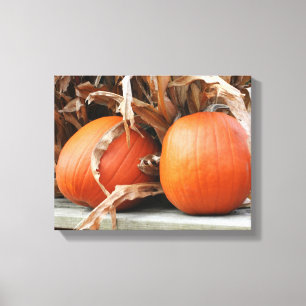 Pumpkins Dried Corn Stalks Autumn Canvas Print