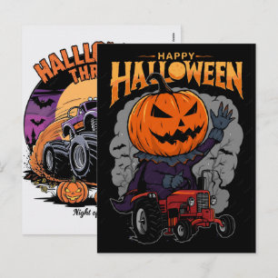Pumpkins Driving a Corn Tractor Happy Halloween De Holiday Postcard