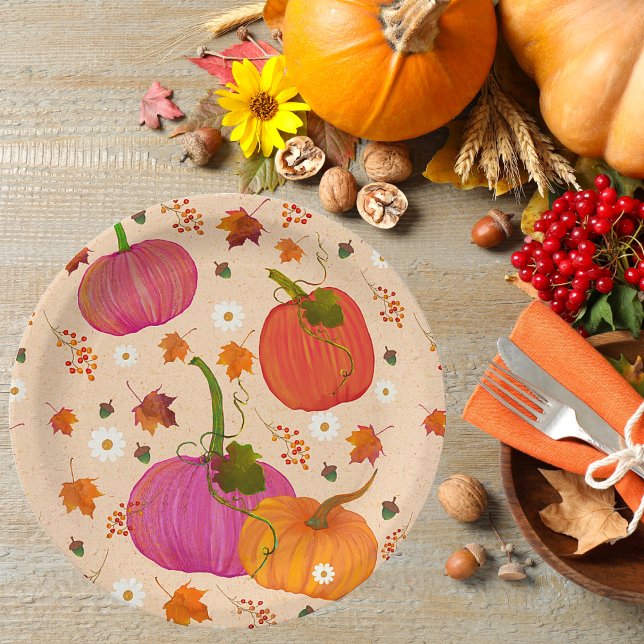  Pumpkins Fall Leaves Paper Plate (Thanksgiving Fall Pumpkins Paper Plates. In a beautiful festive pattern.)