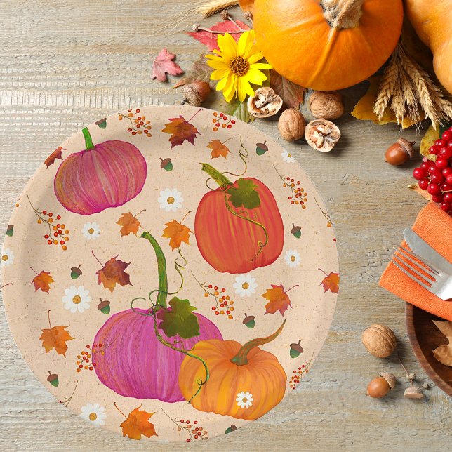  Pumpkins Fall Leaves Pattern Paper Plate (Thanksgiving Fall Pumpkins Paper Plates. In a beautiful festive pattern.)