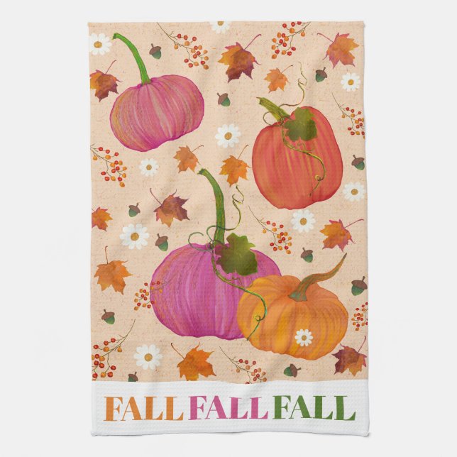  Pumpkins Fall Leaves Pattern Tea Towel (Vertical)