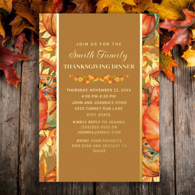 Pumpkins Fall Leaves Thanksgiving Dinner (Elegant gold foil Thanksgiving Dinner invitation)