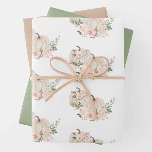 Pumpkins Floral Fall Beige Sage Wrapping Paper Sheet (In situ)