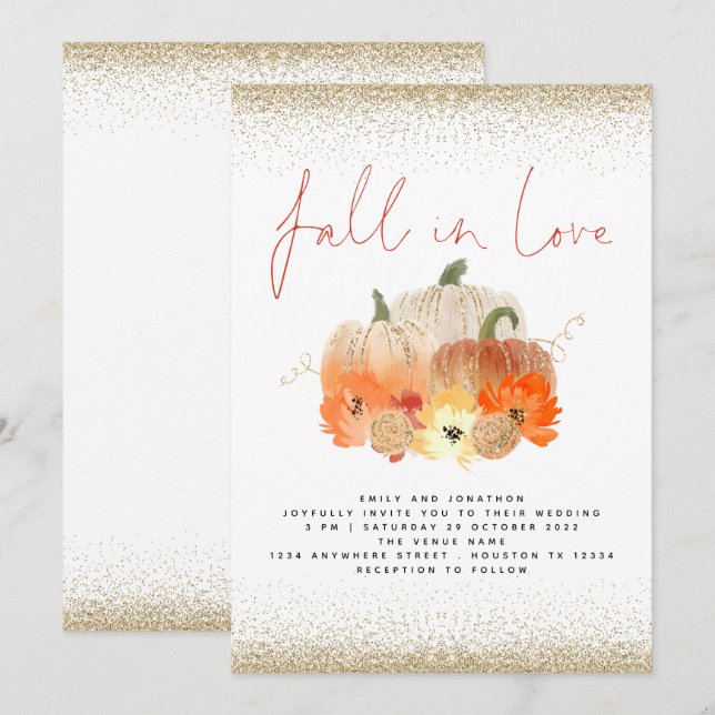 Pumpkins Florals Gold Glitter Fall in Love Wedding Invitation (Front/Back)