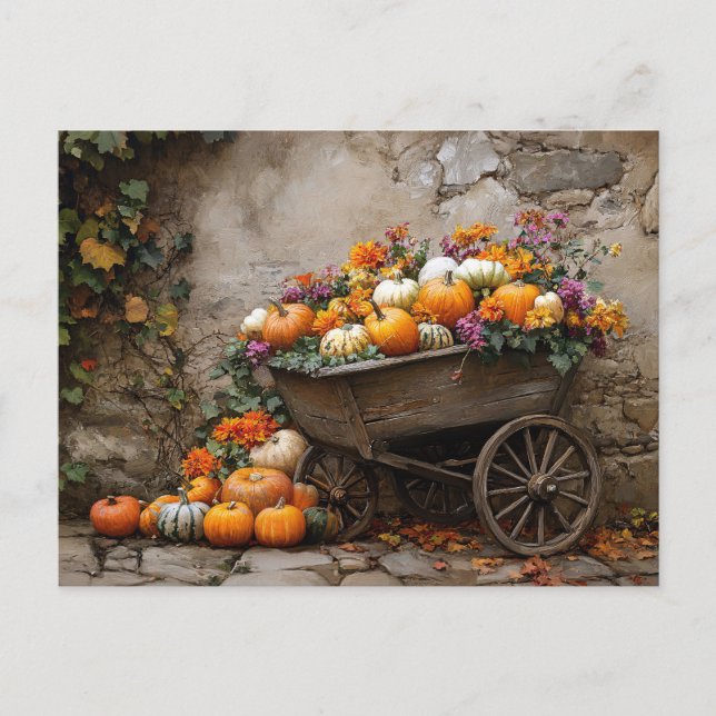 Pumpkins, Flowers, and Leaves in a Wheelbarrow Postcard (Front)