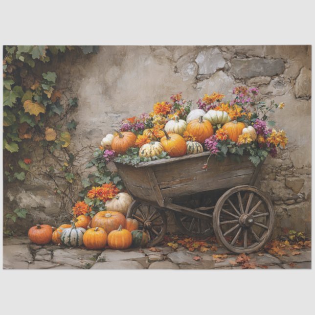 Pumpkins, Flowers, and Leaves in a Wheelbarrow Tissue Paper (Front)