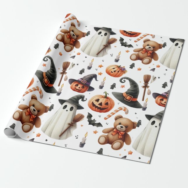 Pumpkins, ghosts, teddy bears Halloween children’s Wrapping Paper (Unrolled)