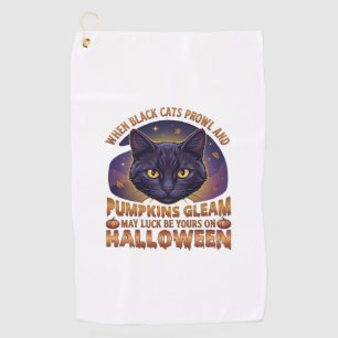 Pumpkins Gleam Halloween Black Cat Falling Leaves_ Golf Towel