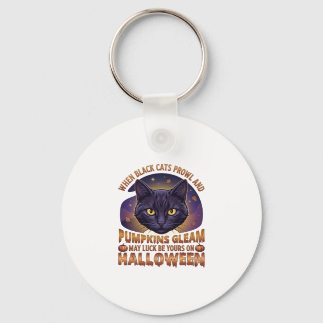 Pumpkins Gleam Halloween Black Cat Falling Leaves_ Key Ring (Front)