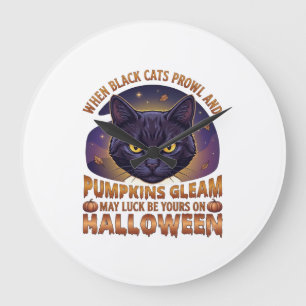 Pumpkins Gleam Halloween Black Cat Falling Leaves_ Large Clock