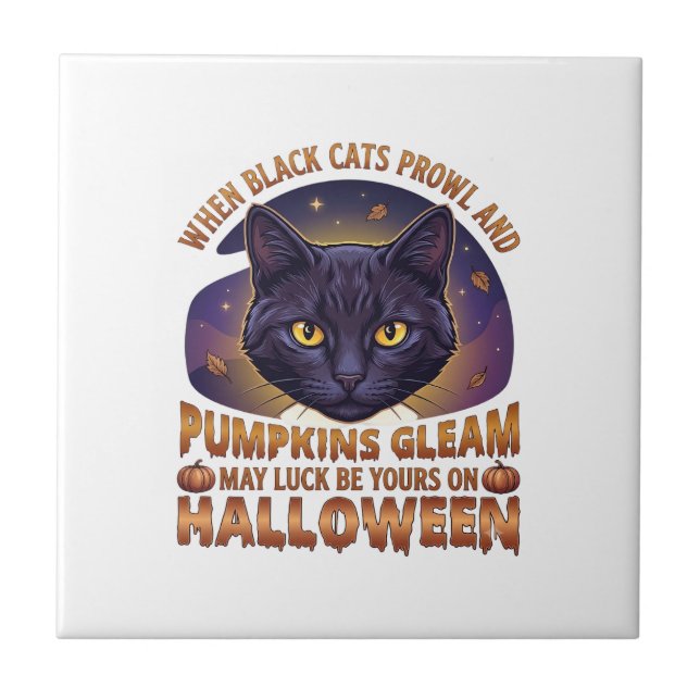 Pumpkins Gleam Halloween Black Cat Falling Leaves_ Tile (Front)