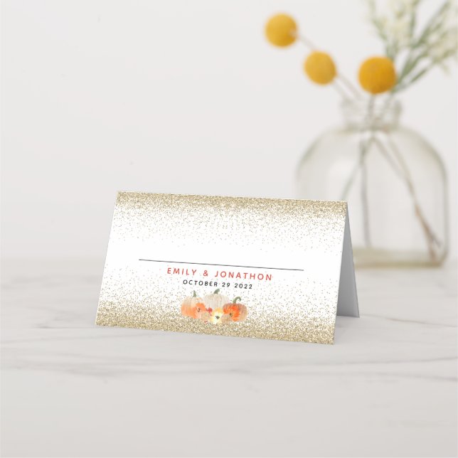 Pumpkins Glitter Fall In Love Names Wedding Place  Card (Front)