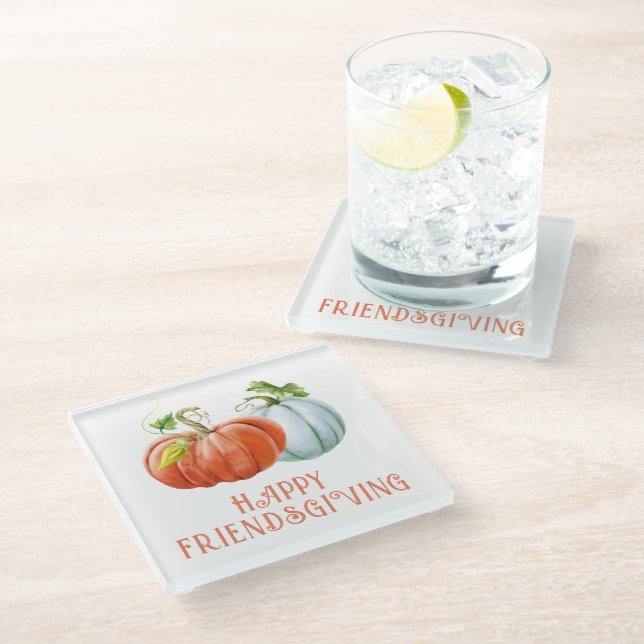 Pumpkins Happy Friendsgiving burnt orange Glass Coaster (Angled)