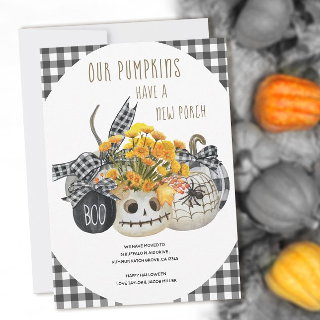 Pumpkins have New Porch Farmhouse Halloween Moving Announcement (available professionaly printed or as instant printable download)