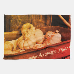 Pumpkins In Old Wagon In Sepia Vintage Distressed Tea Towel