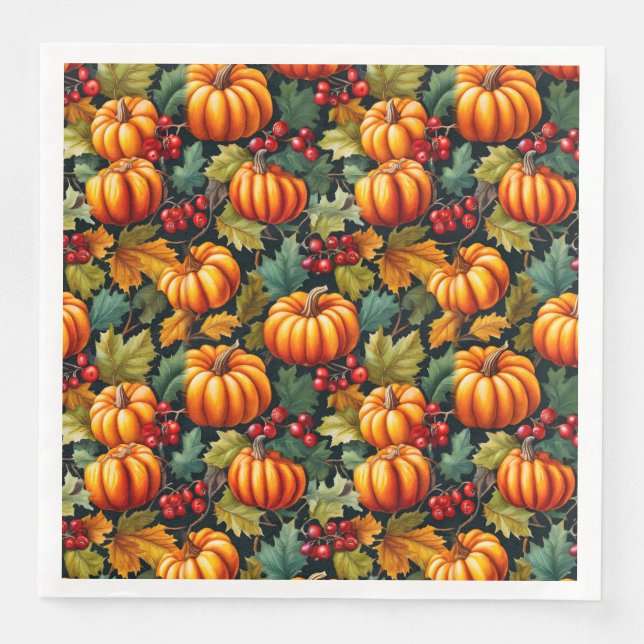 Pumpkins in the Leaves with Berries Napkin (Front)