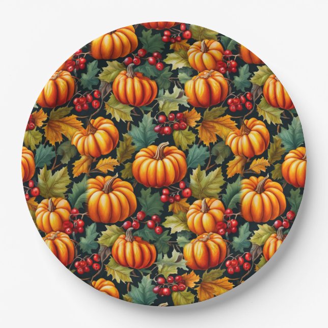 Pumpkins in the Leaves with Berries Paper Plate (Front)