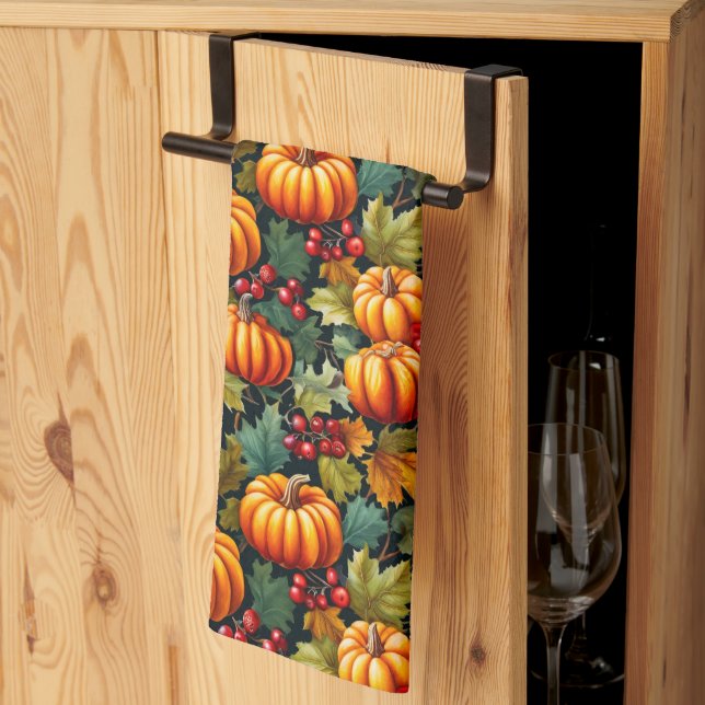 Pumpkins in the Leaves with Berries Tea Towel (Thirds Fold)